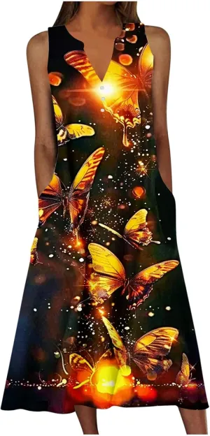 Boho Dresses for Women's 2025 Sundress Plus Loose V Neck Sleeveless Dress Trendy Summer Floral Print Swimsuit Coverups