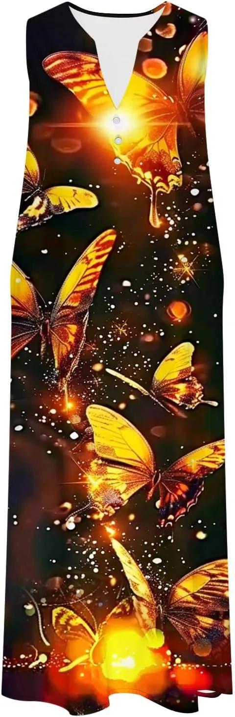 Boho Dresses for Women's 2025 Sundress Plus Loose V Neck Sleeveless Dress Trendy Summer Floral Print Swimsuit Coverups
