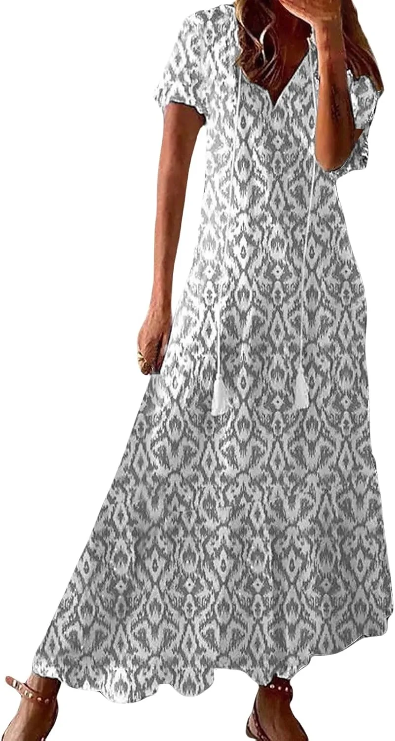 Boho Floral Dress for Women Summer Casual V Neck Ruffle Maxi A Line Flowy Beach Dress Wedding Guest Dresses
