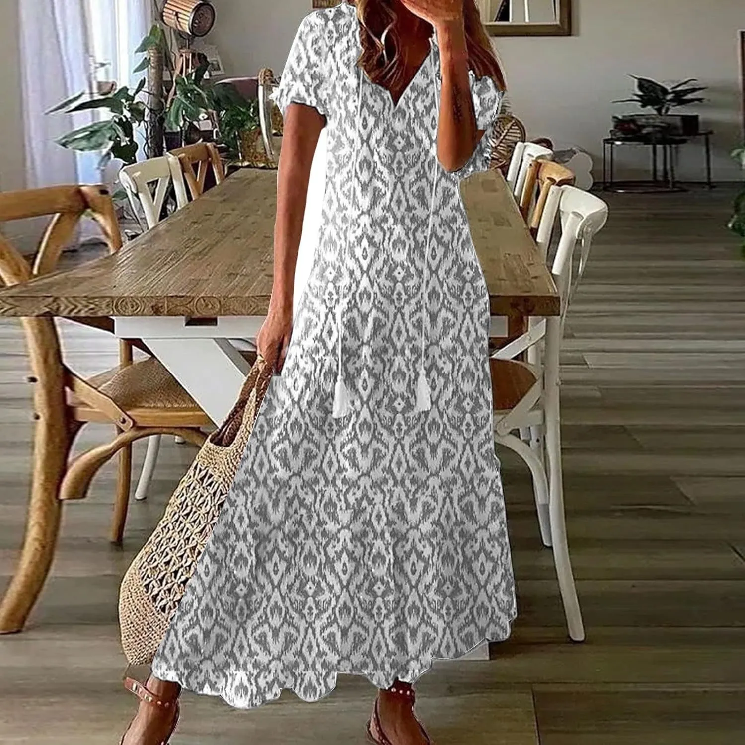 Boho Floral Dress for Women Summer Casual V Neck Ruffle Maxi A Line Flowy Beach Dress Wedding Guest Dresses
