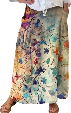 Boho Floral Maxi Skirt Women Elastic High Waist Tiered Pleated Flowy Long Skirt Summer Casual Beach with Pockets