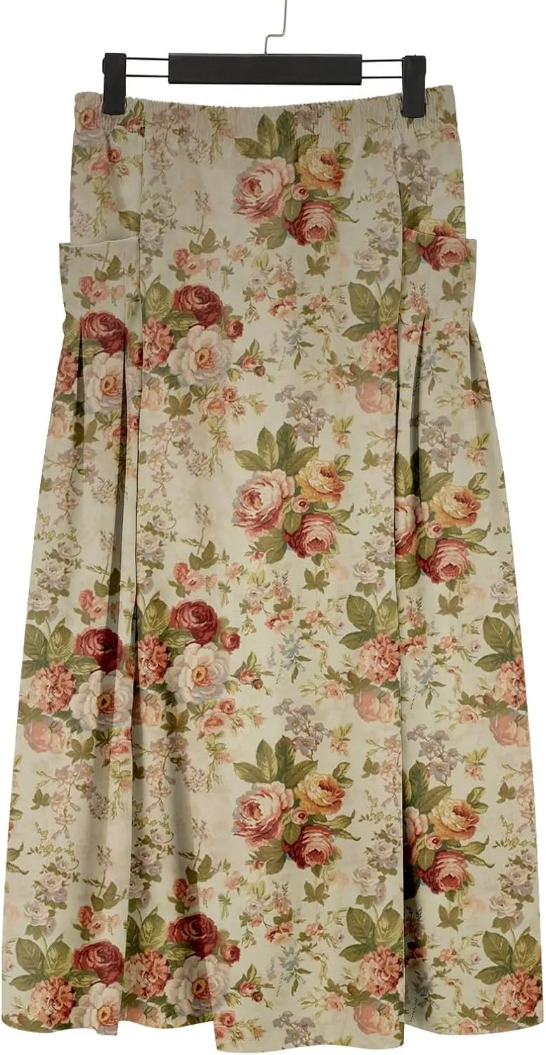 Boho Floral Maxi Skirt Women Elastic High Waist Tiered Pleated Flowy Long Skirt Summer Casual Beach with Pockets