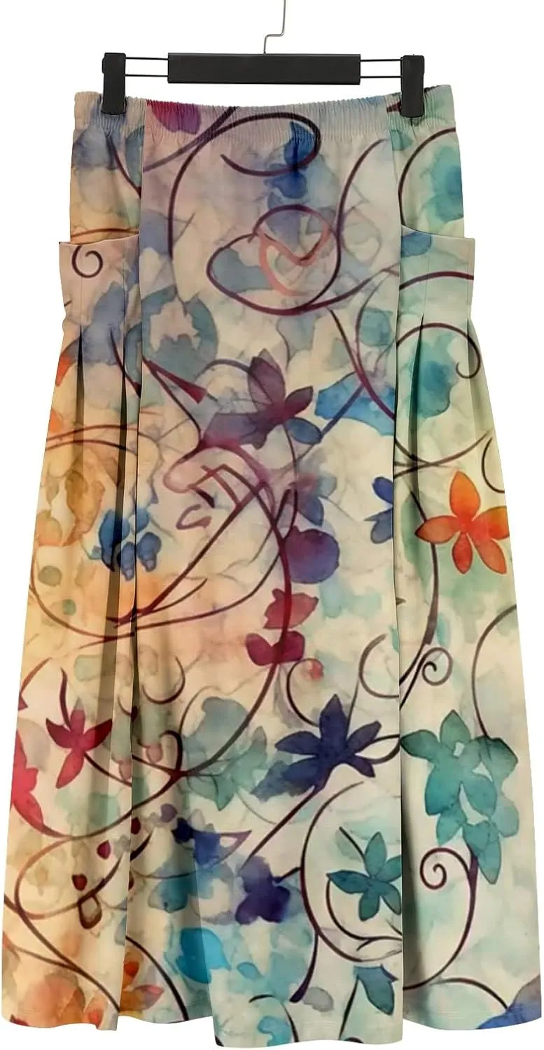 Boho Floral Maxi Skirt Women Elastic High Waist Tiered Pleated Flowy Long Skirt Summer Casual Beach with Pockets