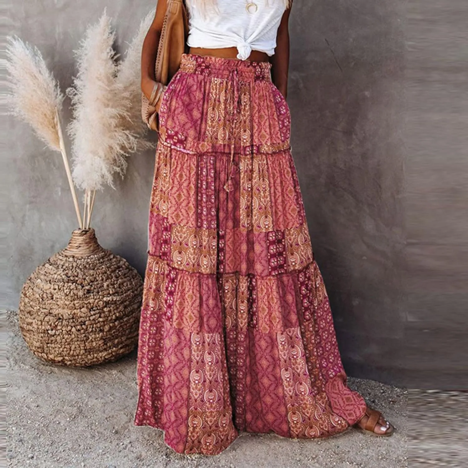 Boho Floral Maxi Skirt Women Elastic High Waist Tiered Pleated Flowy Long Skirt Summer Casual Beach with Pockets