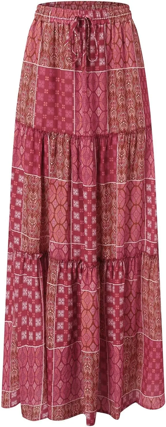 Boho Floral Maxi Skirt Women Elastic High Waist Tiered Pleated Flowy Long Skirt Summer Casual Beach with Pockets