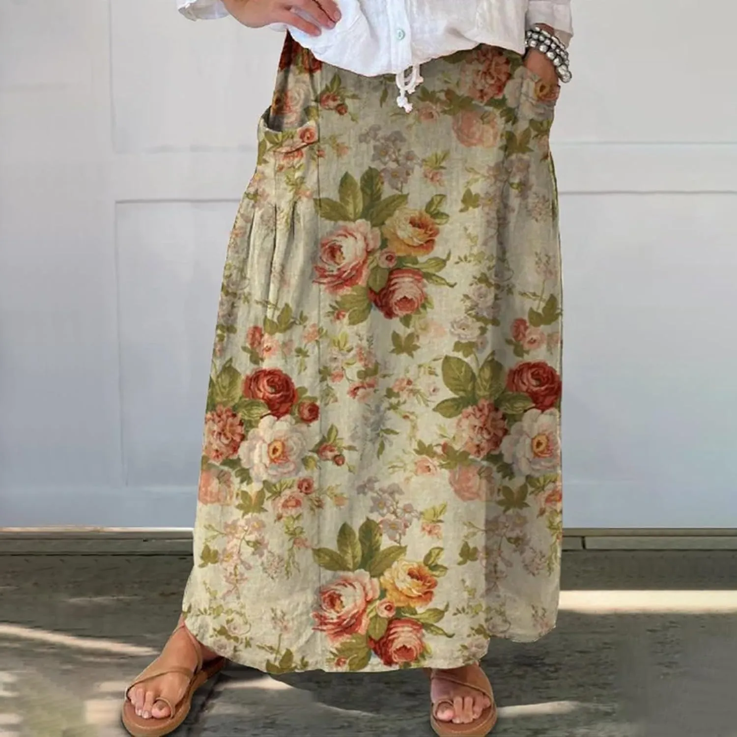 Boho Floral Maxi Skirt Women Elastic High Waist Tiered Pleated Flowy Long Skirt Summer Casual Beach with Pockets