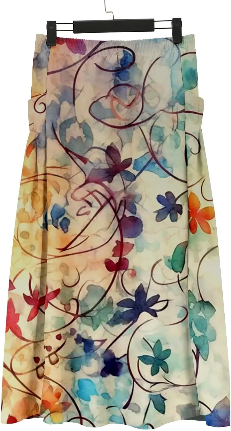 Boho Floral Maxi Skirt Women Elastic High Waist Tiered Pleated Flowy Long Skirt Summer Casual Beach with Pockets