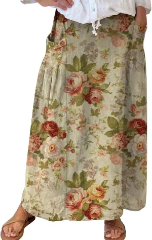 Boho Floral Maxi Skirt Women Elastic High Waist Tiered Pleated Flowy Long Skirt Summer Casual Beach with Pockets