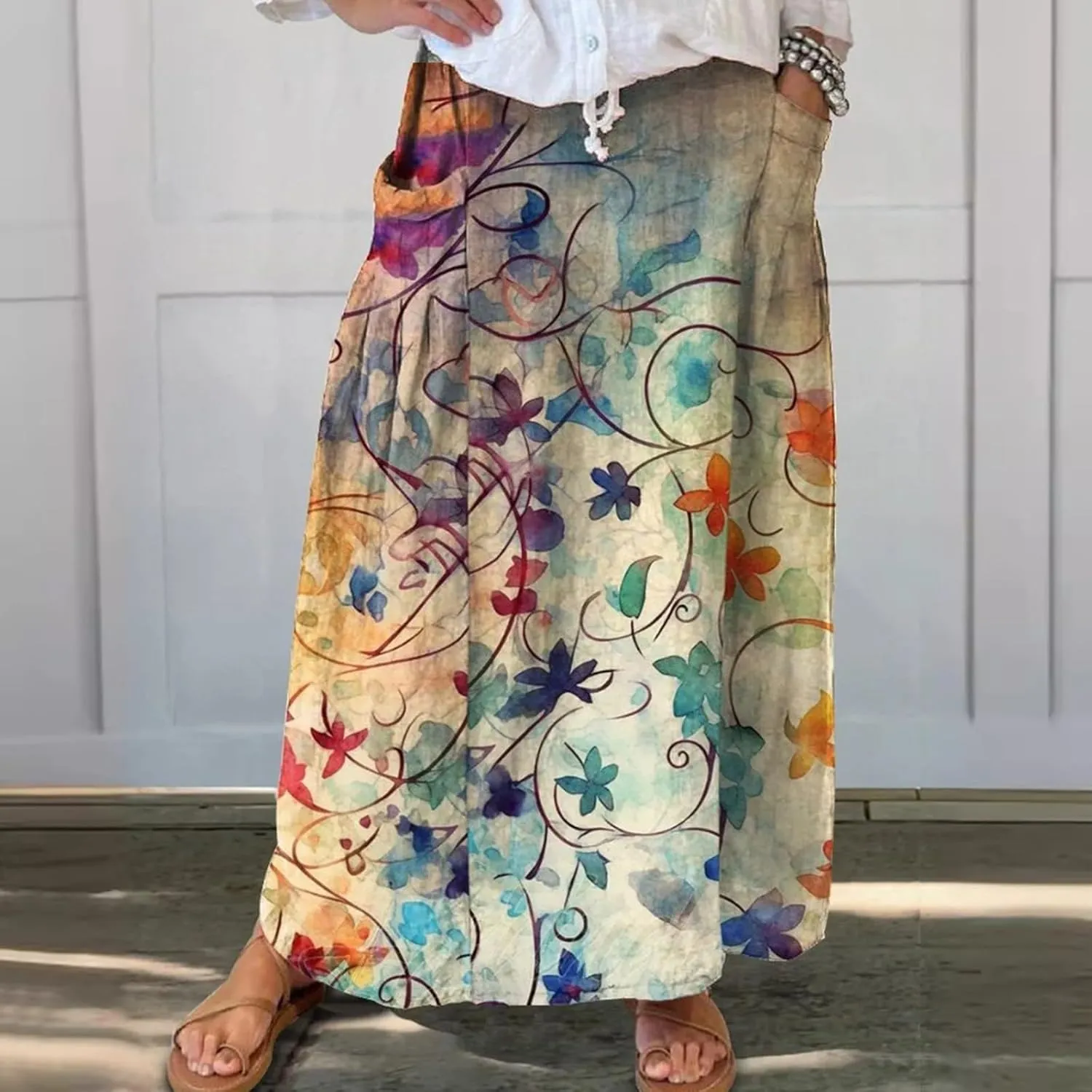 Boho Floral Maxi Skirt Women Elastic High Waist Tiered Pleated Flowy Long Skirt Summer Casual Beach with Pockets