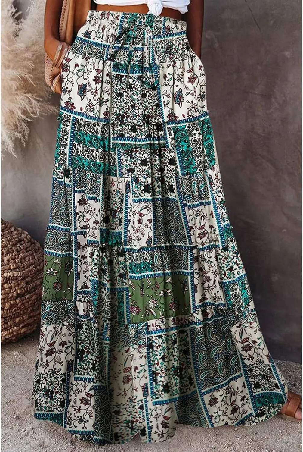 Boho Maxi Skirts for Women Casual High Waisted Tiered A Line Skirt Pleated Ruffle Hem Flowy Long Skirts with Pockets