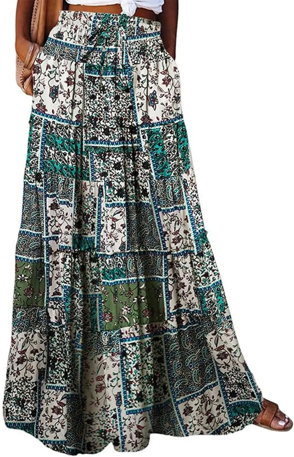 Boho Maxi Skirts for Women Casual High Waisted Tiered A Line Skirt Pleated Ruffle Hem Flowy Long Skirts with Pockets