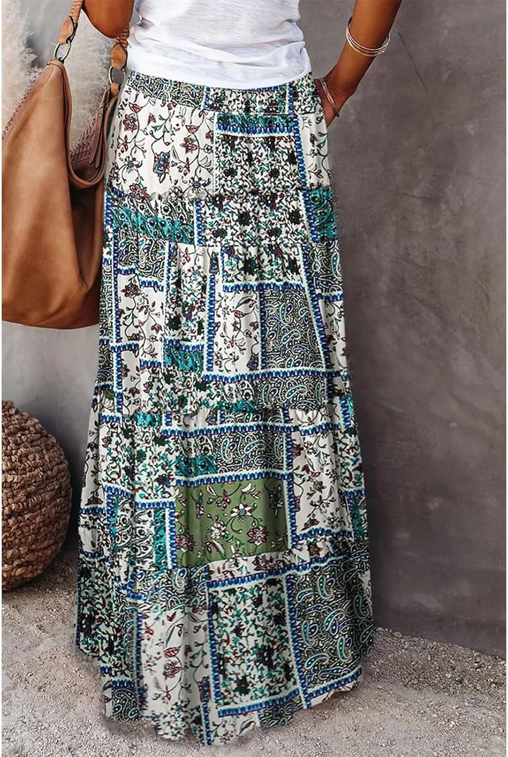 Boho Maxi Skirts for Women Casual High Waisted Tiered A Line Skirt Pleated Ruffle Hem Flowy Long Skirts with Pockets