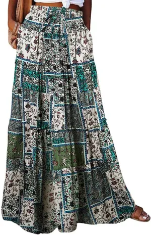 Boho Maxi Skirts for Women Casual High Waisted Tiered A Line Skirt Pleated Ruffle Hem Flowy Long Skirts with Pockets
