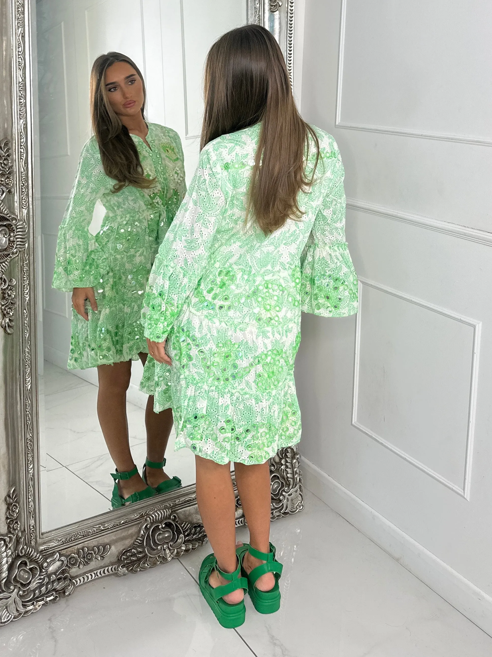 Boho Neon Embellished Dress - Green