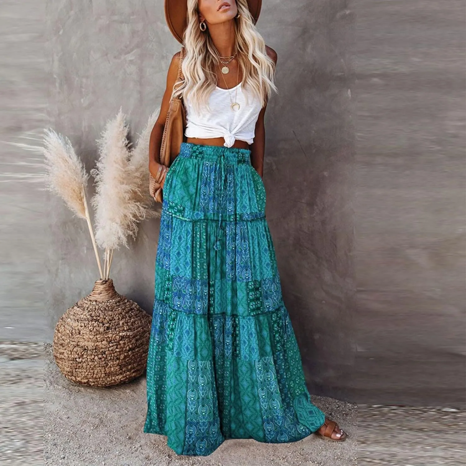 Boho Skirts for Women 2025 Summer Flowy High Waist A Line Pleated Maxi Skirts Elegant Floral Beach Outfits
