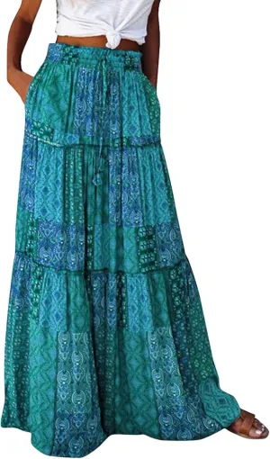 Boho Skirts for Women 2025 Summer Flowy High Waist A Line Pleated Maxi Skirts Elegant Floral Beach Outfits
