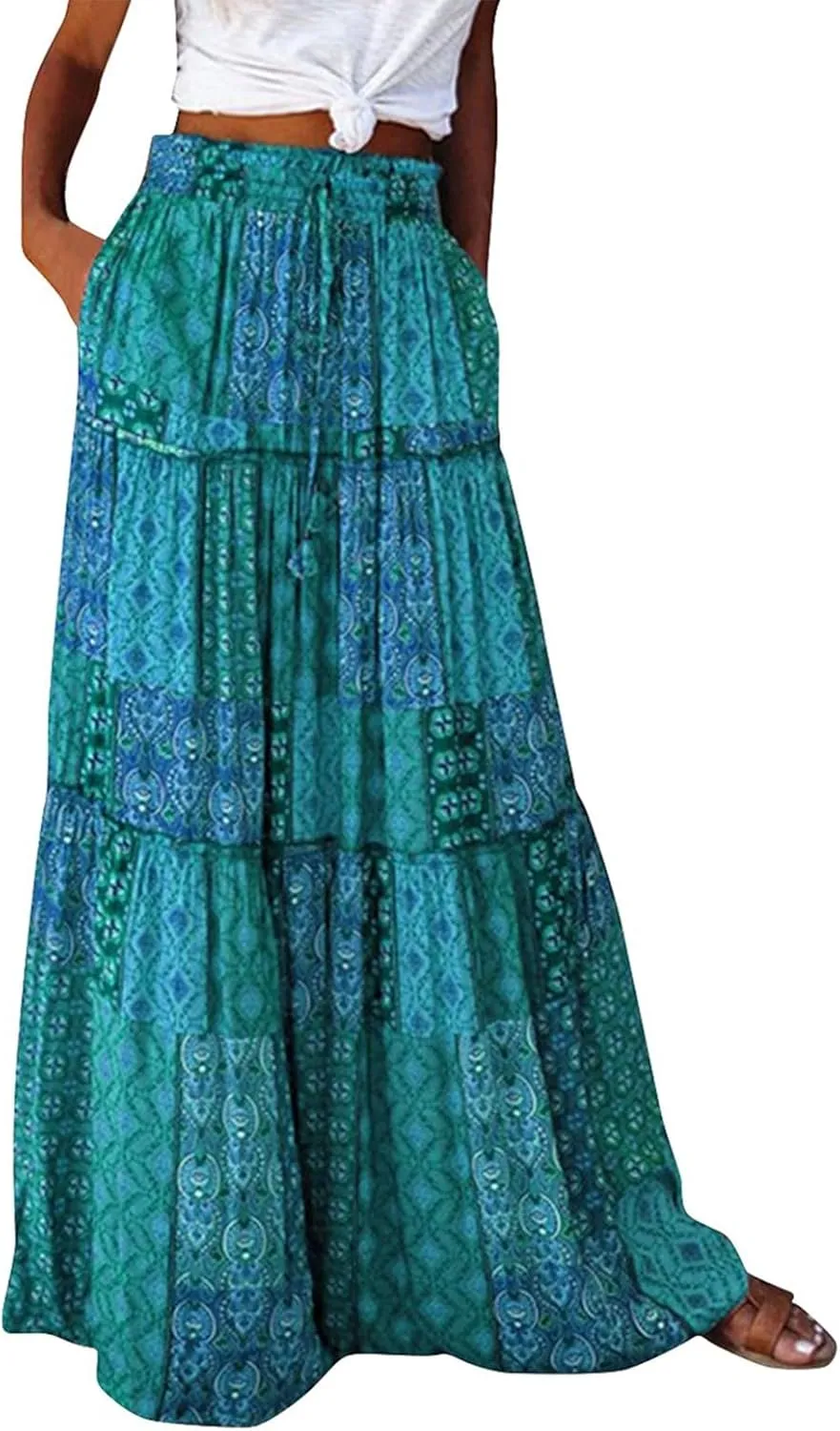 Boho Skirts for Women 2025 Summer Flowy High Waist A Line Pleated Maxi Skirts Elegant Floral Beach Outfits