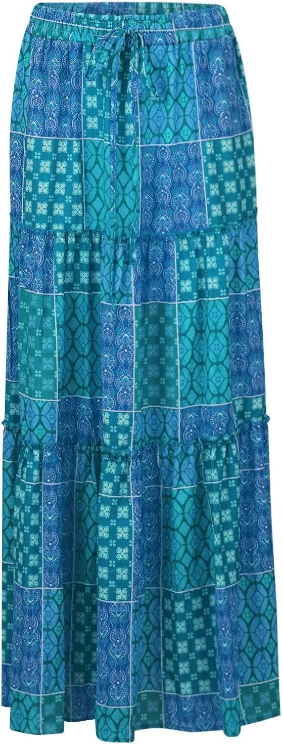 Boho Skirts for Women 2025 Summer Flowy High Waist A Line Pleated Maxi Skirts Elegant Floral Beach Outfits