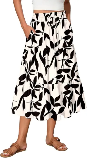 Boho Skirts for Women Floral Pleated Summer Skirt Tummy Control Elegant Dress Vacation Holiday Spring Outfits