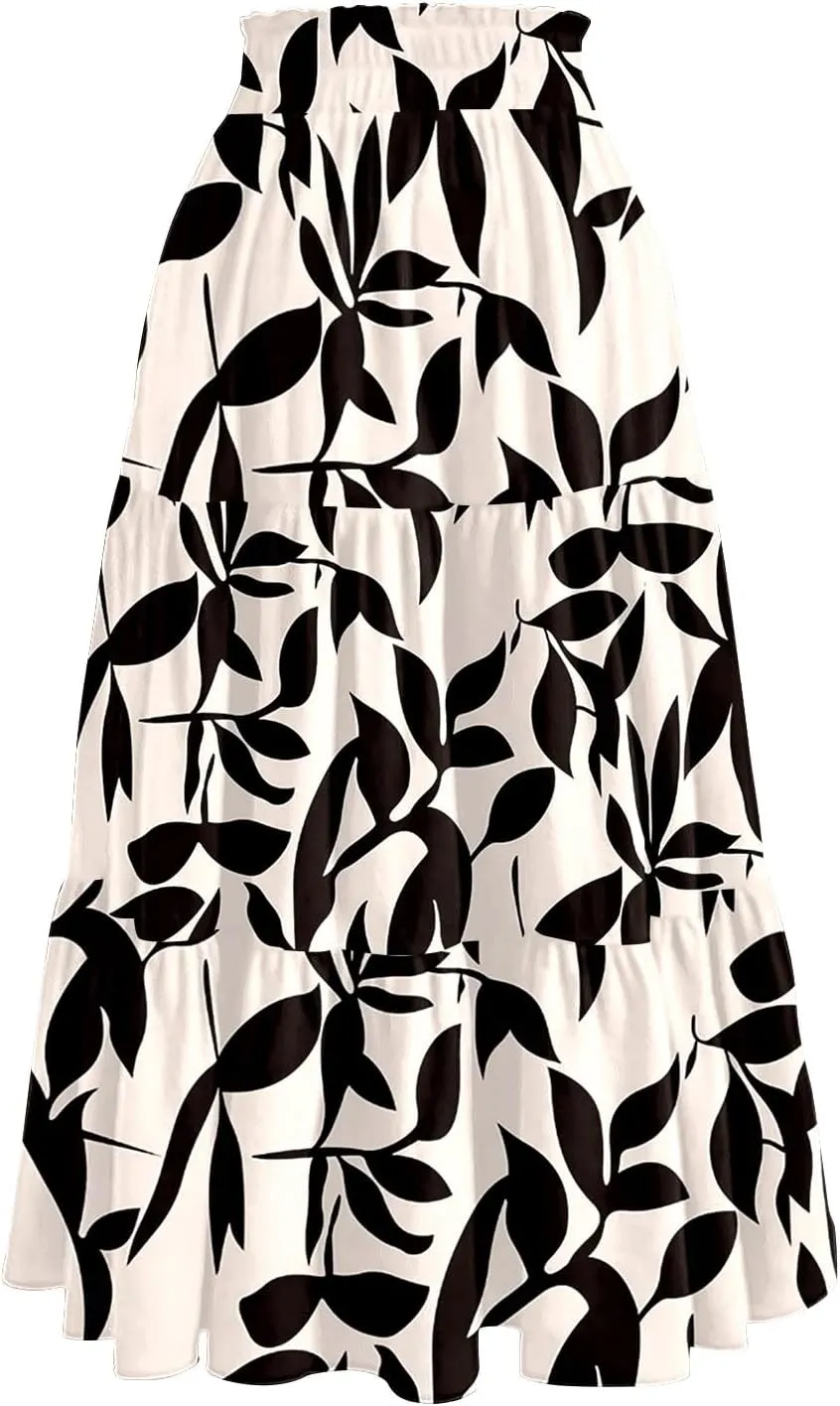 Boho Skirts for Women Floral Pleated Summer Skirt Tummy Control Elegant Dress Vacation Holiday Spring Outfits