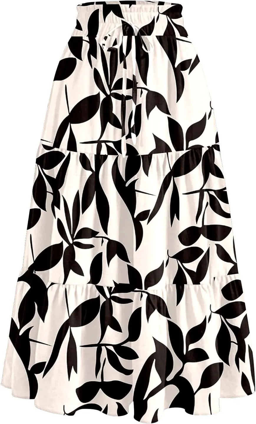 Boho Skirts for Women Floral Pleated Summer Skirt Tummy Control Elegant Dress Vacation Holiday Spring Outfits