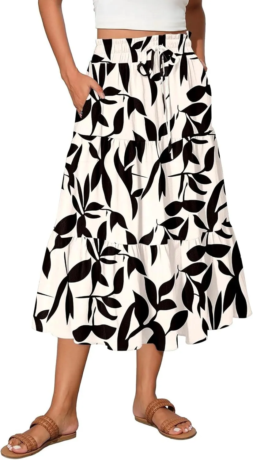 Boho Skirts for Women Floral Pleated Summer Skirt Tummy Control Elegant Dress Vacation Holiday Spring Outfits