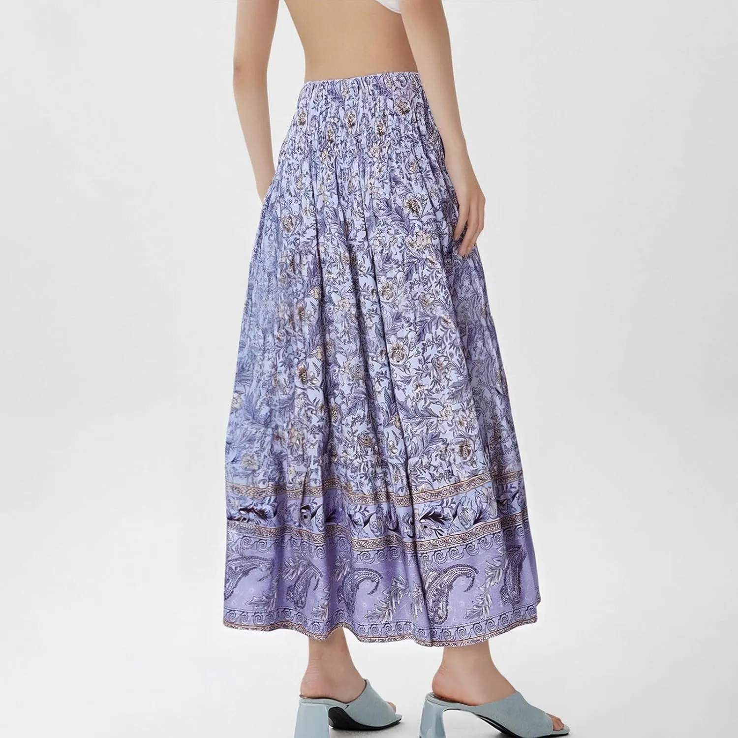 Boho Skirts for Women Summer Casual Flowy Floral Tiered Pleated Stretchy High Waisted Cute Beach A Line Long Skirts