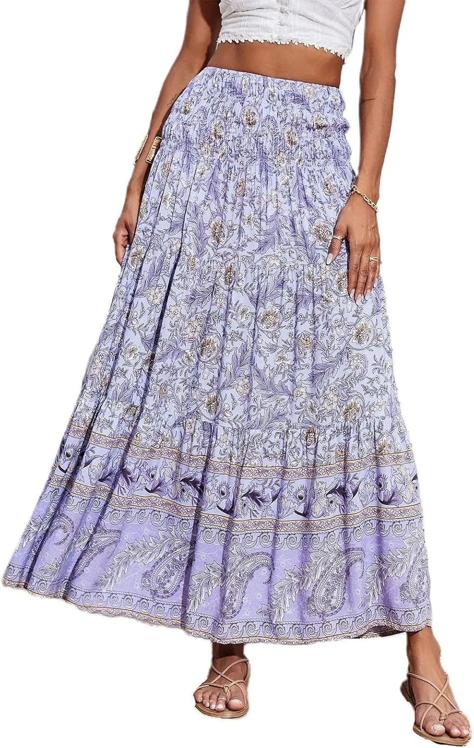 Boho Skirts for Women Summer Casual Flowy Floral Tiered Pleated Stretchy High Waisted Cute Beach A Line Long Skirts