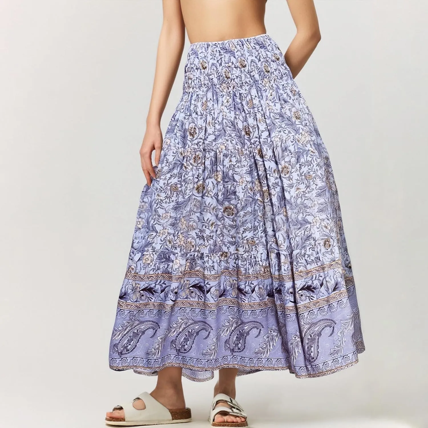 Boho Skirts for Women Summer Casual Flowy Floral Tiered Pleated Stretchy High Waisted Cute Beach A Line Long Skirts