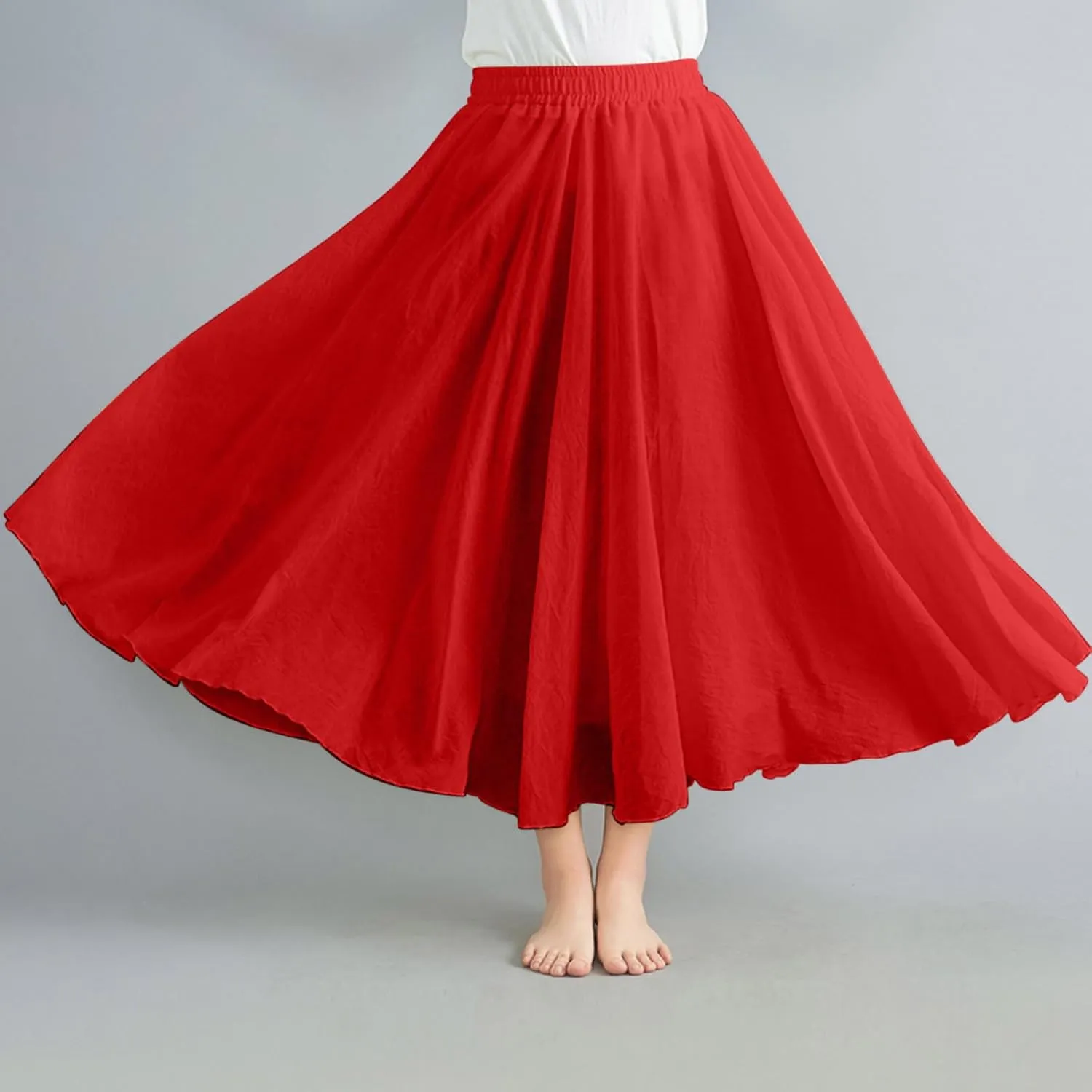 Borniu Women's Maxi Skirts 2025 Summer Trendy Ruffle High Waisted Casual Long Flowy Swing Solid Color Lightweight Skirt