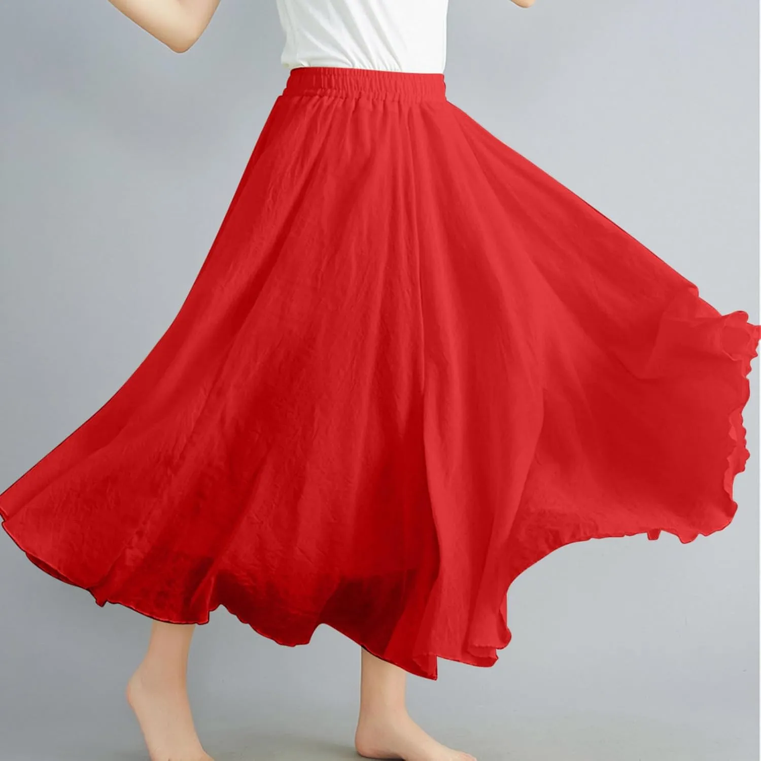 Borniu Women's Maxi Skirts 2025 Summer Trendy Ruffle High Waisted Casual Long Flowy Swing Solid Color Lightweight Skirt