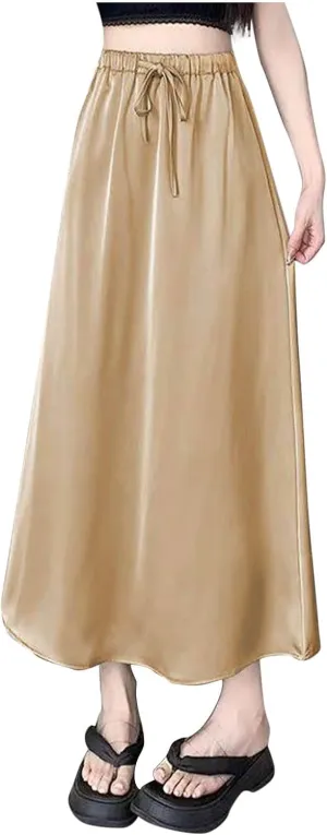 Borniu Womens Satin Silk Maxi Skirts Drawstring Flared Casual A-Line Long Skirt for Women High Waist Casual Work Office