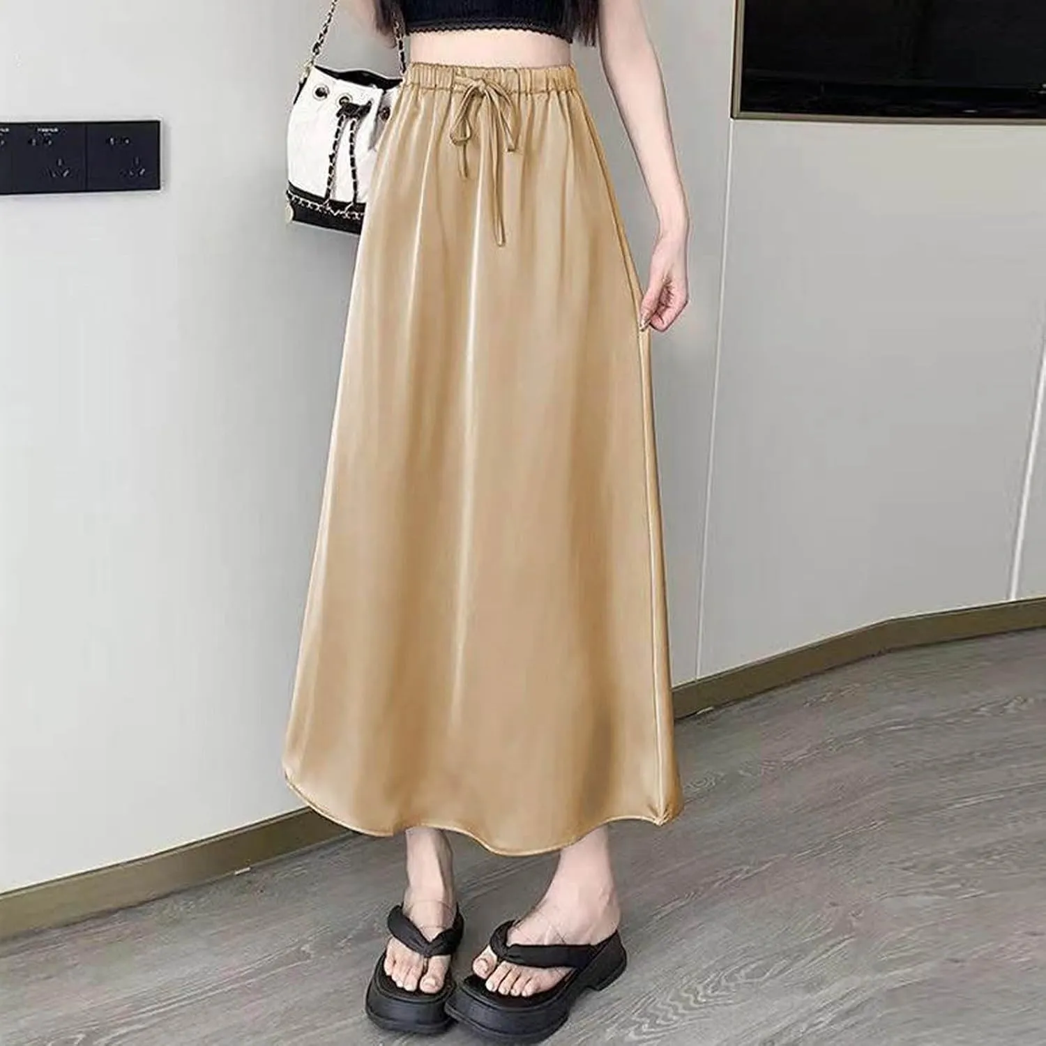 Borniu Womens Satin Silk Maxi Skirts Drawstring Flared Casual A-Line Long Skirt for Women High Waist Casual Work Office