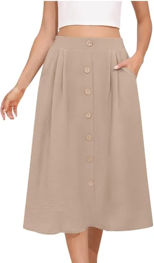 Button Down Skirt for Women Casual High Elastic Waist Pleated Linen A Line Skirts Summer Solid Swing Short Skirt