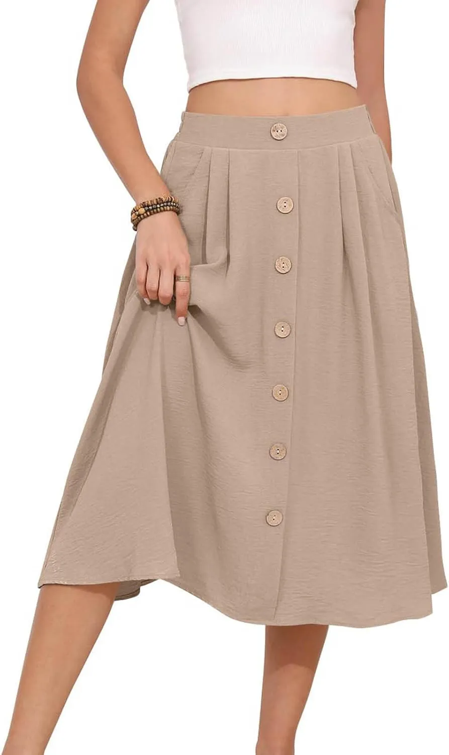 Button Down Skirt for Women Casual High Elastic Waist Pleated Linen A Line Skirts Summer Solid Swing Short Skirt