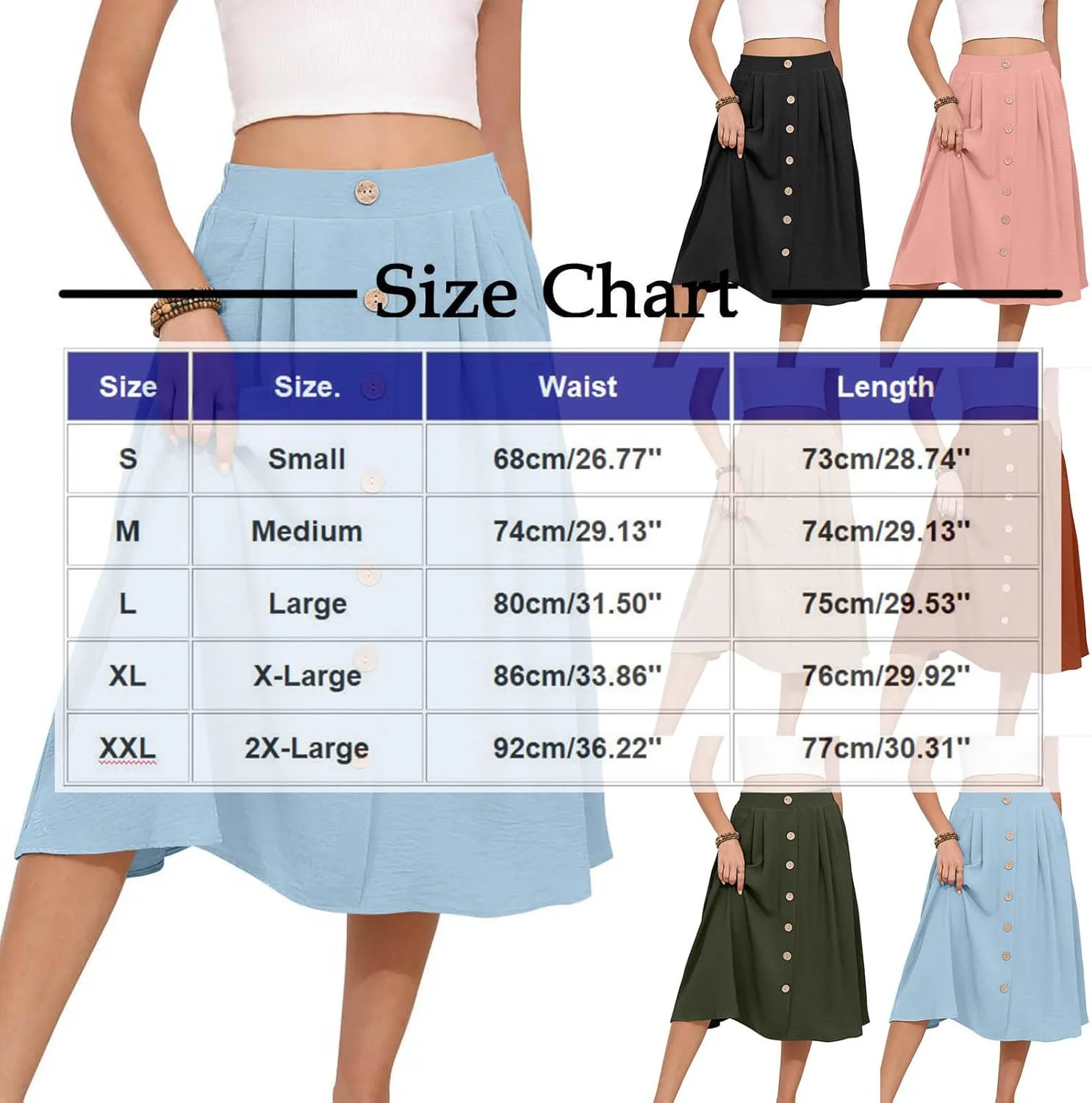 Button Down Skirt for Women Casual High Elastic Waist Pleated Linen A Line Skirts Summer Solid Swing Short Skirt