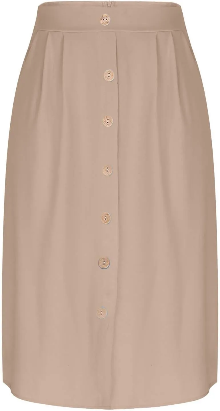Button Down Skirt for Women Casual High Elastic Waist Pleated Linen A Line Skirts Summer Solid Swing Short Skirt