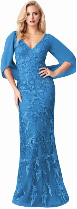 Cape Sleeves Mother of The Bride Dresses for Wedding Lace Appliques V-Neck Chiffon Mermaid Maxi Formal Evening Gowns