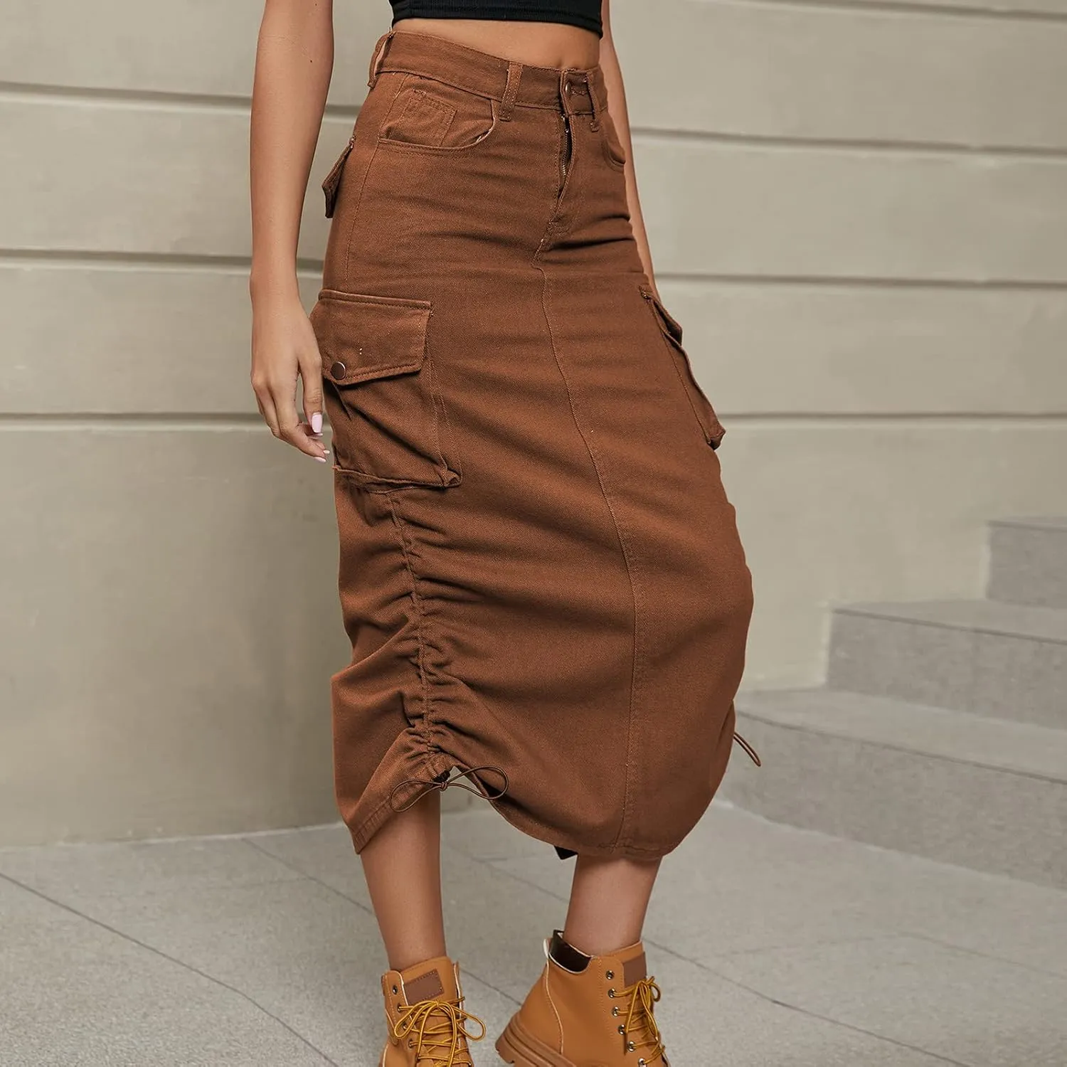 Cargo Skirts for Women Midi Long Denim Jean Skirt High Waisted Summer A-Line Y2K Cargo Pencil Denim Skirt with Pocket