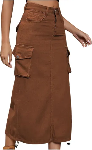 Cargo Skirts for Women Midi Long Denim Jean Skirt High Waisted Summer A-Line Y2K Cargo Pencil Denim Skirt with Pocket
