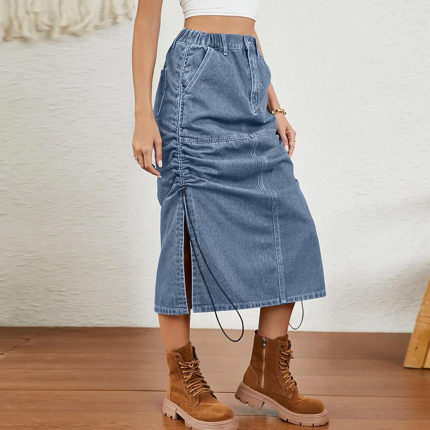 Cargo Skirts for Women with Pocket Midi Length Denim Skirt High Waisted Maxi Skirt Tie Split Jean Skirt Summer Skirts