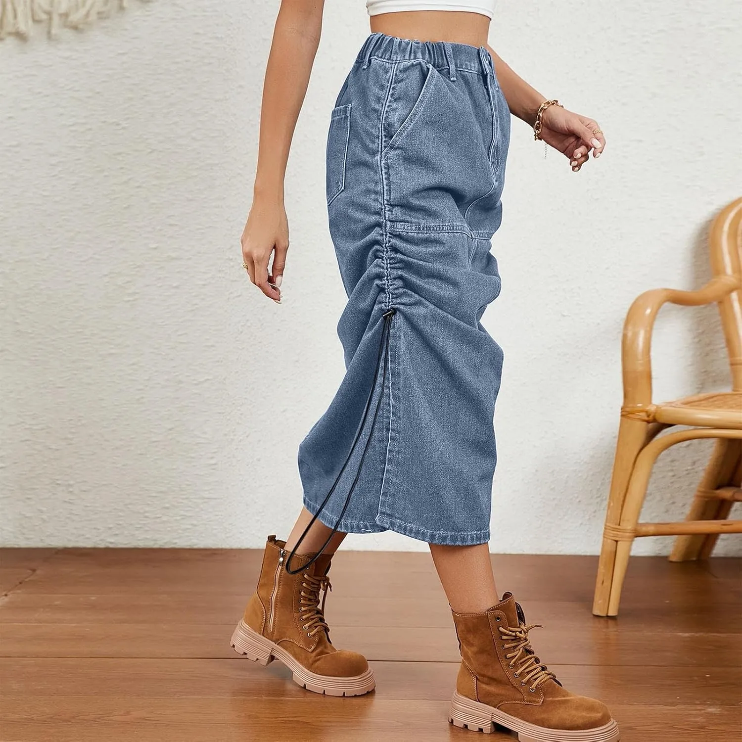 Cargo Skirts for Women with Pocket Midi Length Denim Skirt High Waisted Maxi Skirt Tie Split Jean Skirt Summer Skirts