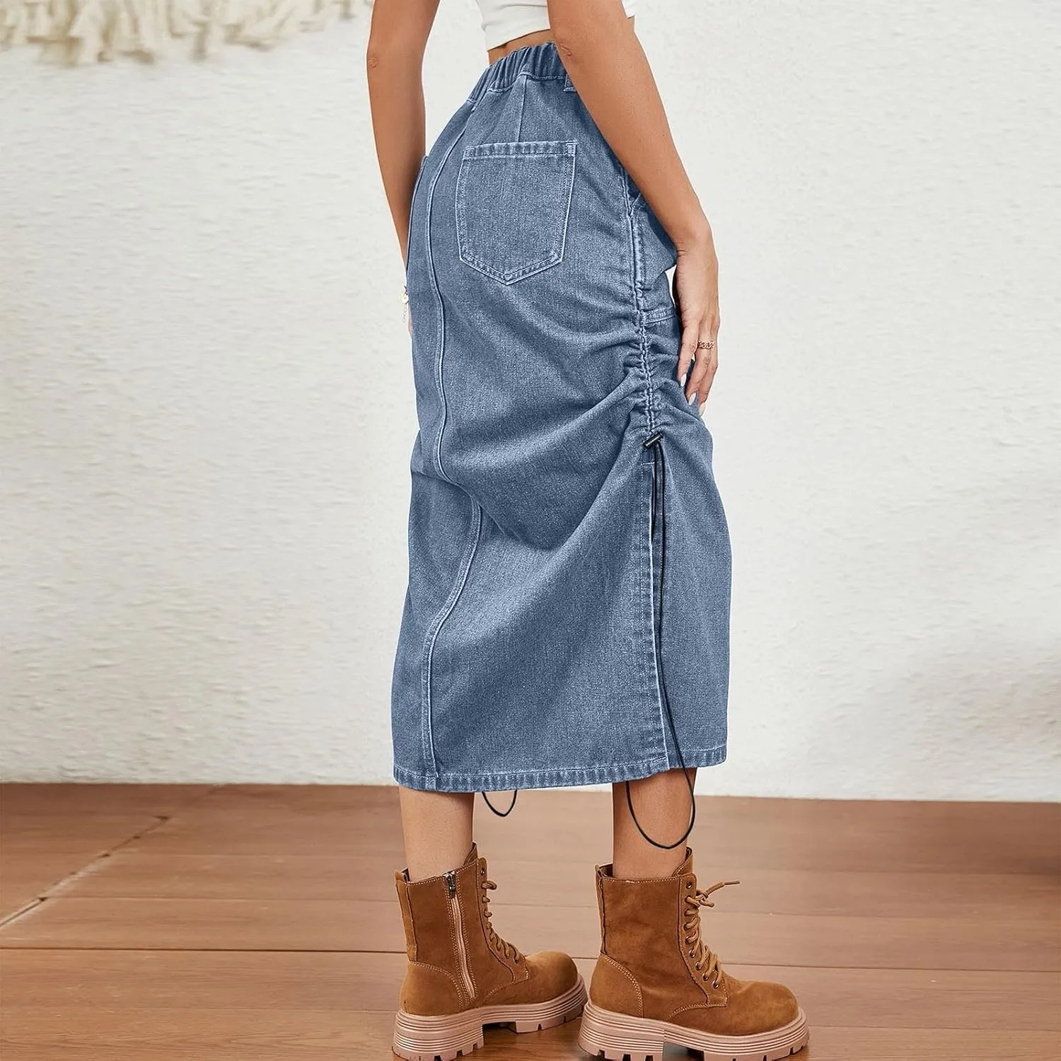 Cargo Skirts for Women with Pocket Midi Length Denim Skirt High Waisted Maxi Skirt Tie Split Jean Skirt Summer Skirts