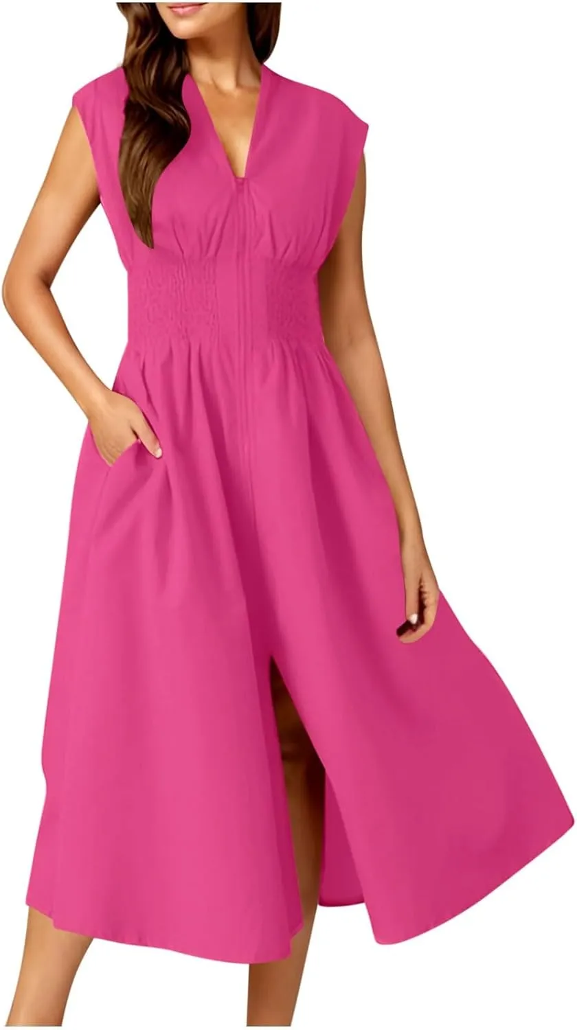 Casual Dresses for Women 2025 Summer Beach Sundress Cap Sleeve V Neck Zip Front Flowy Slit Midi Dress with Pocket