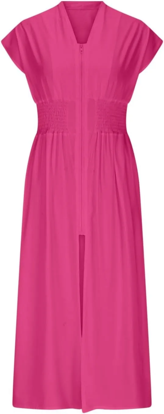 Casual Dresses for Women 2025 Summer Beach Sundress Cap Sleeve V Neck Zip Front Flowy Slit Midi Dress with Pocket