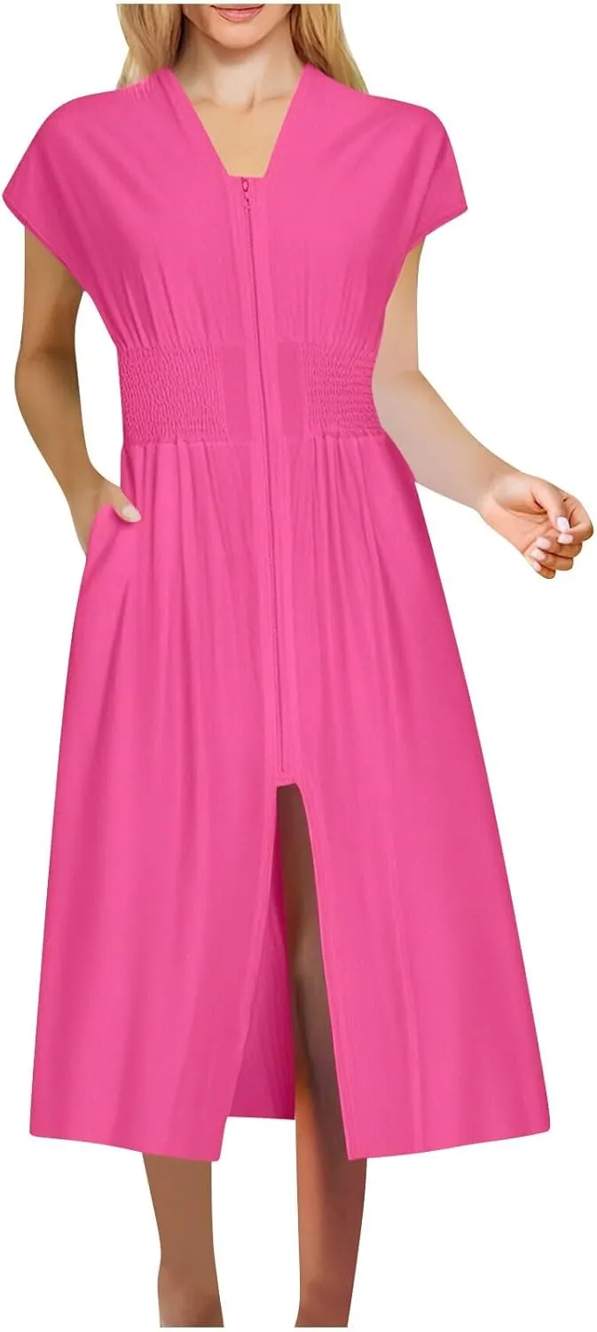 Casual Dresses for Women 2025 Summer Beach Sundress Cap Sleeve V Neck Zip Front Flowy Slit Midi Dress with Pocket