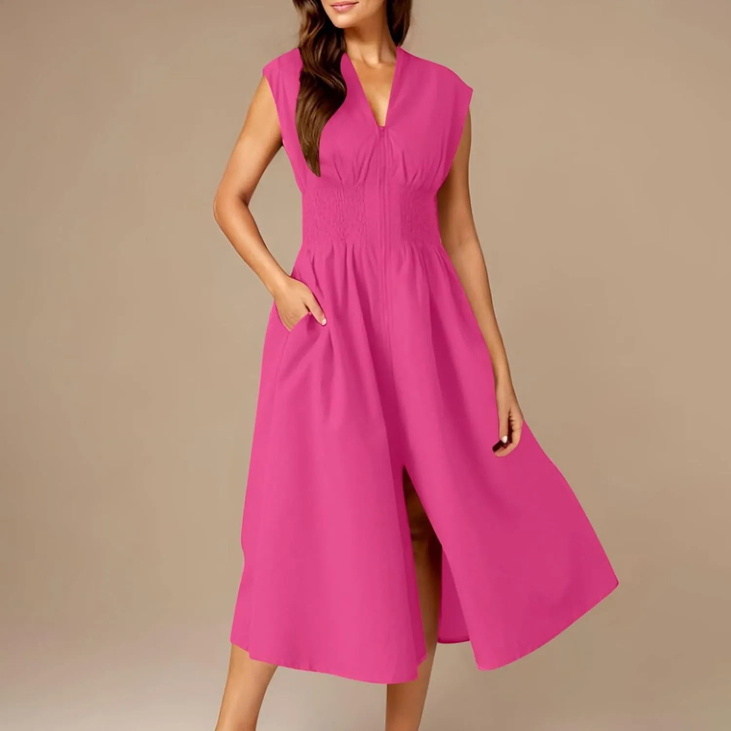 Casual Dresses for Women 2025 Summer Beach Sundress Cap Sleeve V Neck Zip Front Flowy Slit Midi Dress with Pocket