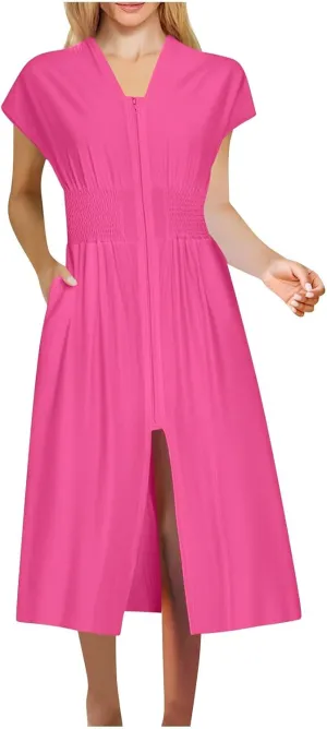 Casual Dresses for Women 2025 Summer Beach Sundress Cap Sleeve V Neck Zip Front Flowy Slit Midi Dress with Pocket