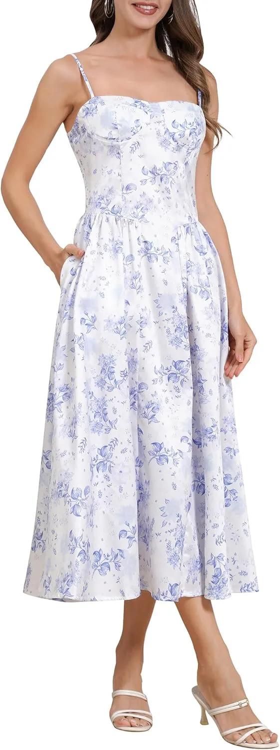 Casual Dresses for Women Boho Spaghetti Strap Corset Midi Dress with Pockets Low Cut Flowy Pleated Bustier Sundress