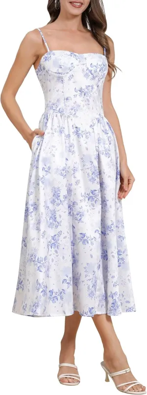 Casual Dresses for Women Boho Spaghetti Strap Corset Midi Dress with Pockets Low Cut Flowy Pleated Bustier Sundress
